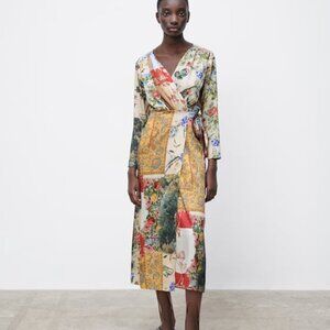 Zara Vintage Inspired Patchwork Wrap Dress Fall Colors Size XL